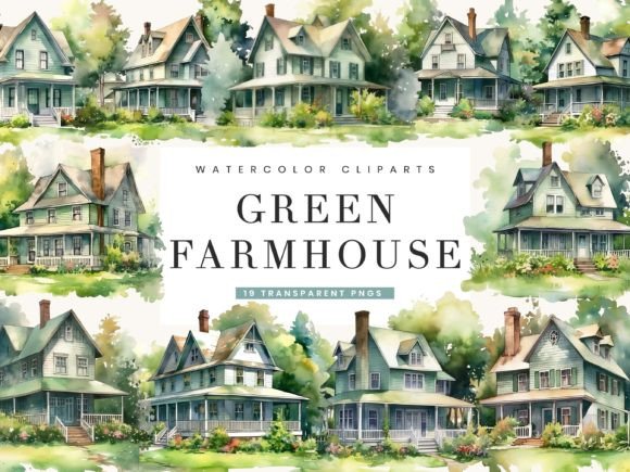 Download Watercolor Green Farmhouse Clipart - Green Collection